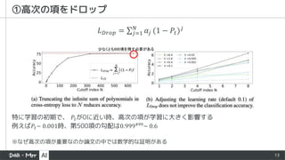 13
𝐿𝐷𝑟𝑜𝑝 = 𝑗=1
𝑁
𝛼𝑗 (1 − 𝑃𝑡)𝑗
特に学習の初期で、 𝑃𝑡が0に近い時、高次の項が学習に大きく影響する
例えば𝑃𝑡~ 0.001時、第500項の勾配は0.999499
~ 0.6
※なぜ高次の項が重要なのか論文の中では数学的な証明がある
①高次の項をドロップ
少なくとも600項を残す必要がある
 
