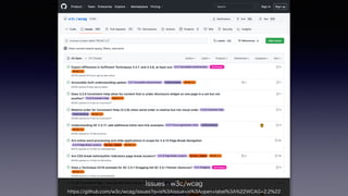 Issues · w3c/wcag
https://github.com/w3c/wcag/issues?q=is%3Aissue+is%3Aopen+label%3A%22WCAG+2.2%22
 