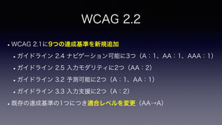 WCAG 2.2
•WCAG 2.1に9つの達成基準を新規追加
•ガイドライン 2.4 ナビゲーション可能に3つ（A：1、AA：1、AAA：1）
•ガイドライン 2.5 入力モダリティに2つ（AA：2）
•ガイドライン 3.2 予測可能に2つ（A：1、AA：1）
•ガイドライン 3.3 入力支援に2つ（A：2）
•既存の達成基準の1つにつき適合レベルを変更（AA→A）
 