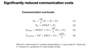 Significantly reduced communication costs
Communication overheads
Where R = total rounds, P = number of parameters, n = av...