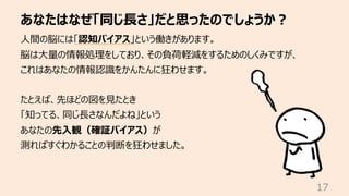 あなたはなぜ「同じ⻑さ」だと思ったのでしょうか︖
17
⼈間の脳には「認知バイアス」という働きがあります。
脳は⼤量の情報処理をしており、その負荷軽減をするためのしくみですが、
これはあなたの情報認識をかんたんに狂わせます。
たとえば、先ほどの図を⾒たとき
「知ってる、同じ⻑さなんだよね」という
あなたの先⼊観（確証バイアス）が
測ればすぐわかることの判断を狂わせました。
 