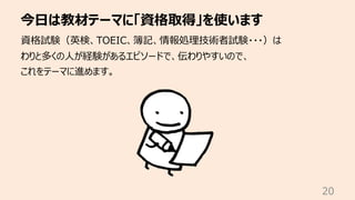 今⽇は教材テーマに「資格取得」を使います
20
資格試験（英検、TOEIC、簿記、情報処理技術者試験・・・）は
わりと多くの⼈が経験があるエピソードで、伝わりやすいので、
これをテーマに進めます。
 