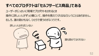 すべてのプロダクトは「セルフサービス商品」である
52
ユーザーがじっさいに現場でプロダクトをさわるとき
操作に詳しい⼈がずっと横にいて、操作を教えてくれるなどということはありません。
むしろ、誰の助けもなく、ひとりで使うのがふつうです。
誰も助けてはくれない
詳しい⼈はそばにいない
 
