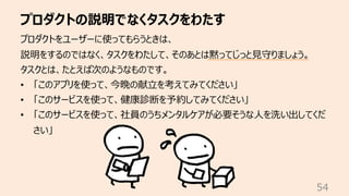 プロダクトの説明でなくタスクをわたす
54
プロダクトをユーザーに使ってもらうときは、
説明をするのではなく、タスクをわたして、そのあとは黙ってじっと⾒守りましょう。
タスクとは、たとえば次のようなものです。
• 「このアプリを使って、今晩の献⽴を考えてみてください」
• 「このサービスを使って、健康診断を予約してみてください」
• 「このサービスを使って、社員のうちメンタルケアが必要そうな⼈を洗い出してくだ
さい」
 