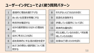 ユーザーインタビューでよく使う質問パターン
58
1 直接的に理由を掘り下げる
2 あいまいな⾔葉を明確にする
3 時系列を確認する
4
ほかの選択肢をとらなかった理由を
訊く
5 ほかに考えたことを訊く
6 話を具体的にする/話の続きを促す
7
あえてあり得ない選択肢について質
問する
8 それがないとどうなるのか訊く
9 ⾔語化を強制する
10 ⽭盾している箇所について訊く
11 具体的な量を訊く
12
何と⽐較しているのか訊く／何を期
待していたのか訊く
13 ⾃⾝はどう思ったのかを訊く
 