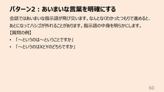 パターン2︓あいまいな⾔葉を明確にする
60
会話ではあいまいな指⽰語が⾶び交います。なんとなくわかったつもりで進めると、
あとになってハシゴが外れることがあります。指⽰語の中⾝を明らかにします。
【質問の例】
• 「〜というのは〜ということですか」
• 「〜というのはXとYのどちらですか」
 