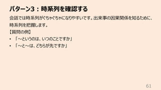 パターン3︓時系列を確認する
61
会話では時系列がぐちゃぐちゃになりやすいです。出来事の因果関係を知るために、
時系列を把握します。
【質問の例】
• 「〜というのは、いつのことですか」
• 「〜と〜は、どちらが先ですか」
 