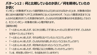 パターン12︓何と⽐較しているのか訊く／何を期待していたの
か訊く
70
インタビュー対象者が「X」という選択肢をえらんだ(またはえらばなかった)とき、対象者の⽬の
前にほかの選択肢「Y」や「Z」が具体的にないにもかかわらず、「X」という意思決定までにな
んらかの⽐較がされていた形跡があります。どんなものが⽐較対象なのかを⾔語化してもらう
と、そこにインタビュー対象者の深い⼼理が現れます。
【質問の例】
• 「〜とおっしゃいましたが、なにかと⽐較してそうおっしゃったんだと思うのですが、どんなもの
を浮かべていたんですか?」
• 「〜とおっしゃいましたが、それは何と⽐べていたということでしょうか?」
• 「〜とおっしゃいましたが、どんなものなら欲しかったということなんでしょうか?」
• 「〜とおっしゃいましたが、何があればよかったということでしょうか?」
• 「〜とおっしゃいましたが、何が起こることを期待していたのでしょうか?」
• 「いま、何を思い浮かべて、その話をされていますか?」
 