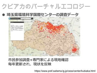 クビアカのバーチャルエコロジー
● 埼玉県環境科学国際センターの調査データ
市民参加調査+専門家による現地確認
毎年更新され、現状を反映
https://www.pref.saitama.lg.jp/cess/center/kubiaka.html
 