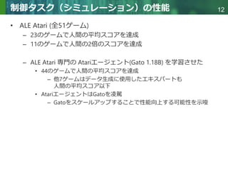 Copyright © 2020 調和系工学研究室 - 北海道大学 大学院情報科学研究院 情報理工学部門 複合情報工学分野 – All rights reserved.
Copyright © 2020 調和系工学研究室 - 北海道大学 大学院情報科学研究院 情報理工学部門 複合情報工学分野 – All rights reserved.
12
制御タスク（シミュレーション）の性能
• ALE Atari (全51ゲーム)
– 23のゲームで人間の平均スコアを達成
– 11のゲームで人間の2倍のスコアを達成
– ALE Atari 専門の Atariエージェント(Gato 1.18B) を学習させた
• 44のゲームで人間の平均スコアを達成
– 他7ゲームはデータ生成に使用したエキスパートも
人間の平均スコア以下
• AtariエージェントはGatoを凌駕
– Gatoをスケールアップすることで性能向上する可能性を示唆
 