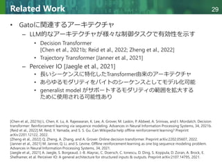 Copyright © 2020 調和系工学研究室 - 北海道大学 大学院情報科学研究院 情報理工学部門 複合情報工学分野 – All rights reserved.
Copyright © 2020 調和系工学研究室 - 北海道大学 大学院情報科学研究院 情報理工学部門 複合情報工学分野 – All rights reserved.
29
Related Work
• Gatoに関連するアーキテクチャ
– LLM的なアーキテクチャが様々な制御タスクで有効性を示す
• Decision Transformer
[Chen et al., 2021b; Reid et al., 2022; Zheng et al., 2022]
• Trajectory Transformer [Janner et al., 2021]
– Perceiver IO [Jaegle et al., 2021]
• 長いシーケンスに特化したTransformer由来のアーキテクチャ
• あらゆるモダリティをバイトのシーケンスとしてモデル化可能
• generalist model がサポートするモダリティの範囲を拡大する
ために使用される可能性あり
[Chen et al., 2021b] L. Chen, K. Lu, A. Rajeswaran, K. Lee, A. Grover, M. Laskin, P. Abbeel, A. Srinivas, and I. Mordatch. Decision
transformer: Reinforcement learning via sequence modeling. Advances in Neural Information Processing Systems, 34, 2021b.
[Reid et al., 2022] M. Reid, Y. Yamada, and S. S. Gu. Can Wikipedia help offline reinforcement learning? Preprint
arXiv:2201.12122, 2022.
[Zheng et al., 2022] Q. Zheng, A. Zhang, and A. Grover. Online decision transformer. Preprint arXiv:2202.05607, 2022.
[Janner et al., 2021] M. Janner, Q. Li, and S. Levine. Offline reinforcement learning as one big sequence modeling problem.
Advances in Neural Information Processing Systems, 34, 2021.
[Jaegle et al., 2021] A. Jaegle, S. Borgeaud, J.-B. Alayrac, C. Doersch, C. Ionescu, D. Ding, S. Koppula, D. Zoran, A. Brock, E.
Shelhamer, et al. Perceiver IO: A general architecture for structured inputs & outputs. Preprint arXiv:2107.14795, 2021.
 