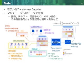 Copyright © 2020 調和系工学研究室 - 北海道大学 大学院情報科学研究院 情報理工学部門 複合情報工学分野 – All rights reserved.
Copyright © 2020 調和系工学研究室 - 北海道大学 大学院情報科学研究院 情報理工学部門 複合情報工学分野 – All rights reserved.
4
Gato
• モデルはTransformer Decoder
• マルチモーダルなデータで学習
– 画像，テキスト，関節トルク，ボタン操作，
その他離散的および連続的な観察・動作など
Transformer
Decoder
[Text]
sentencepiece
-> embedding
[Image]
16*16 patch
-> ResNet block
[離散値]
embedding
[連続値]
mu-law encode
-> 離散化(1024)
-> embedding
教師有学習
(offline)
 