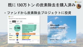 • ファンドから炭素除去プロジェクトに投資
既に 130万トン の炭素除去を購入済み
January 2021
https://www.microsoft.com/en-us/corporate-responsibility/sustainability/carbon-removal-program
 