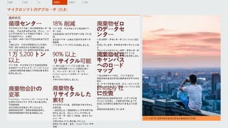 進捗状況
循環センター
マイクロソフトでは 5 拠点の循環センターを
計画し、アムステルダムでオープンし、バー
ジニア州ボイドトンで建設中であり、2022
年にはダブリン、シカゴ、
シンガポールの 3 拠点で追加される予定で
す。
これにより、完全に規模を拡大した場合、
年間 1 億ドルのコスト削減が見込まれ、
2025 年までに 90% の再利用が実現します。
1 万 5,200 トン
以上
2021 年度、マイクロソフトでは直接事業
全体のフットプリントで 1 万 5,200 トン以
上の固形廃棄物を埋め立てや焼却をせずに
転用しました。
廃棄物会計の
変革
PowerApps、Dynamics 365、Power BI な
どのマイクロソフト テクノロジを活用し
て廃棄物の
会計処理に変革を起こすことにより、
廃棄物の実測データの収集量を増やし、
廃棄物の種類の可視性を高めました。
18% 削減
2021 年度、マイクロソフト製品のパッ
ケージに
含まれる使い捨てプラスチックを 18% 削
減、
またはパッケージあたりのプラスチック
重量を
5.7% から 4.7% (平均) に削減しました。
90% 以上
リサイクル可能
UL の方法論 ECVP 2789 に基づき、経
済協力開発機構 (OECD) 加盟国におい
て、Xbox シリーズ X と S を 97%、
Surface Laptop 4 (メタル バージョン)
を 93%、
リサイクル可能にしました。
廃棄物を
リサイクルした
素材
マイクロソフトは、廃棄物をリサイクルし
た素材を
一部使用した 2 種類の新しいアクセサリを
発売しました。新しい Xbox ワイヤレス
コントローラーのいくつかは、ポストコン
シューマー
リサイクル (PCR) 素材を 30% 以上
使用しています。また、Ocean Plastic マウ
スの
廃棄物ゼロ
のデータセ
ンター
4 拠点のデータセンターが Zero Waste 認証
を
取得しています。テキサス州サンアントニオ
と
ワシントン州クインシーのデータセンターが
新規取得し、バージニア州ボイドトンと
アイルランドのダブリンが認証を更新しまし
た。
廃棄物ゼロ
キャンパス
へのロード
マップ
11 拠点のキャンパスに、2030 年までに
廃棄物ゼロを達成するためのカスタマイズさ
れた
ロードマップがあります。ピュージェット湾
キャンパスでは 2016 年から Zero Waste 認証
を
取得しています。
Rheaply 社
に投資
循環型経済に貢献するスタートアップ企業
Rheaply に投資し、企業が再利用によって
削減した炭素排出量を測定できるよう支援
し、
循環型経済を推進しています。
2030 年までに廃棄物ゼロを達成するための進捗と影響。
水 廃棄物 生態系 付録
概要 炭素
マイクロソフトのアプローチ (続き)
 