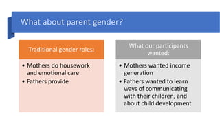 Where would a parenting programme fit in?
Integrate gender-transformative material
• The importance for children of parent...