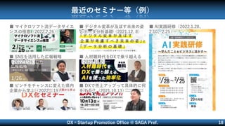 DX×Startup Promotion Office @ SAGA Pref. 18
最近のセミナー等（例）
■ マイクロソフト流データサイエ
ンスの極意（2022.2.26）
■ AI実践研修（2022.1.28、
2.10、2.25）
■ SNSを活用した広報戦略
（2022.1.26）
■ ピンチをチャンスに変えた県内
企業から学ぶ（2022.1.19）
■ 人材難時代をDXで乗り越える
（2021.11 2）
■ DXで売上アップって具体的に何
をする？（2021.10 13）
■ デジタル変革が及ぼす未来の姿
とデータ分析基礎（2021.12. 8）
 