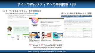 DX×Startup Promotion Office @ SAGA Pref. 21
サイトやWebメディアへの事例掲載（例）
センターサイトではインタビュー形式で事例紹介
（www.saga-smart.jp/column） 県サイトには実証事業のレポート掲載
（www.pref.saga.lg.jp/kiji00381619）
WebメディアEditorsSAGAでも展開
（editors-saga.jp/editors/sagadx）
 