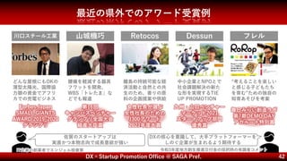 DX×Startup Promotion Office @ SAGA Pref. 42
最近の県外でのアワード受賞例
毎日みらい創造ラボ
第7期DEMO DAY
アガルート特別賞
山城機巧
腰痛を軽減する器具
フワットを開発、
WBS「トレたま」な
どでも報道
Retocos Dessun フレル
離島の持続可能な経
済活動と自然との共
生のため、香りの原
料の企画提案や供給
中小企業とNPOとで
社会課題解決の新た
な形を実現するTIE
UP PROMOTION
“考えることを楽しい
と感じる子どもたち
を育む”ための独自の
知育あそびを考案
第16回
キャンパスベンチャー
グランプリ全国大会
経産大臣賞
女性社長が選ぶ
女性社長のための
J300アワード
2021年度大賞
川口スチール工業
どんな屋根にもOKの
薄型太陽光、国際協
力銀の資金でアフリ
カでの売電ビジネス
Forbes Japan
SMALL GIANTS
AWARD 2019-2020
グランプリ
九州・山口ベンチャー
マーケット2021
スタートアップ部門
優秀賞
DXの核心を意識して、大手プラットフォーマーを
しのぐ企業が生まれるよう期待する
令和3年度地方創生推進交付金の採択時の有識者コメント
佐賀のスタートアップは
実直かつ本物志向で成長意欲が強い
IT企業の創業者でエンジェル投資家
 