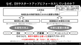 DX×Startup Promotion Office @ SAGA Pref. 9
なぜ、DXやスタートアップにフォーカスしているのか？
人材流出
||
地域社会の持続可能性にかかわる重要な問題に
相対的に低い賃金 就業機会の多様性の欠如
誰もが工場で働きたいわけではない…
働くのであれば、賃金は高い方が望ましい！
生産性の向上 多様な産業の発展
○○○ DX ○○○ IT産業 ○○○ スタートアップ ○○○
そのうえで、東京や福岡とは違った方法やアプローチで
||
人や企業の関係性の「量」ではなく「質」を生かして…
顔の見えるコミュニケーション、個にフォーカスした支援、長期的なフォローアップなど
都市と地方との間での（都市への生産
要素の）集中と（地方への成長の果実
の）再分配という時代の終焉によって
 