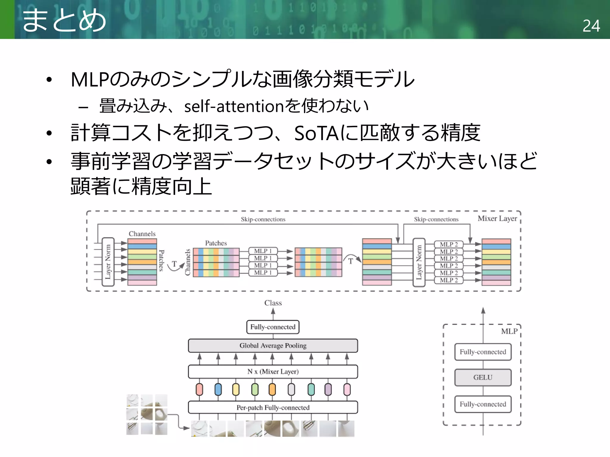 Copyright © 2020 調和系工学研究室 - 北海道大学 大学院情報科学研究院 情報理工学部門 複合情報工学分野 – All rights reserved.
Copyright © 2020 調和系工学研究室 - 北海道大学 大学院情報科学研究院 情報理工学部門 複合情報工学分野 – All rights reserved.
24
まとめ
• MLPのみのシンプルな画像分類モデル
– 畳み込み、self-attentionを使わない
• 計算コストを抑えつつ、SoTAに匹敵する精度
• 事前学習の学習データセットのサイズが大きいほど
顕著に精度向上
 