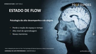 profrandes.com.br
LIDERANÇA DE ALTA PERFORMANCE | MASTER SKILLS
ESTADO DE FLOW
profrandes.com.br
LIDERANÇA DE ALTA PERFORMANCE | MASTER SKILLS
Psicologia do alto desempenho e da alegria
• Perde a noção do espaço e tempo
• Alto nível de aprendizagem
• Novas memórias
Fonte: Adaptado pelo autor de: Flow: The Psychology Of Optimal Experience, Mihaly Csikszentmihalyi
ESTADO DE FLOW | SOFT SKILLS
 