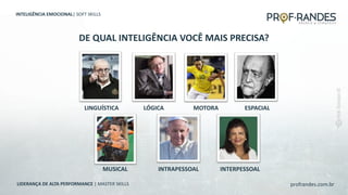 profrandes.com.br
LIDERANÇA DE ALTA PERFORMANCE | MASTER SKILLS
LINGUÍSTICA LÓGICA MOTORA ESPACIAL
INTERPESSOAL
INTRAPESSOAL
MUSICAL
DE QUAL INTELIGÊNCIA VOCÊ MAIS PRECISA?
INTELIGÊNCIA EMOCIONAL| SOFT SKILLS
 