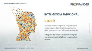 profrandes.com.br
LIDERANÇA DE ALTA PERFORMANCE | MASTER SKILLS
Parte do cérebro julga que resposta dar a
uma pergunta de emergência, gera uma
ação, que procura ser adequada a situação.
Esta parte do cérebro é responsável pelo
que chamamos inteligência emocional da
pessoa.
O QUE É?
INTELIGÊNCIA EMOCIONAL
Fonte: Adaptado pelo autor de: Inteligência Emocional de Daniel Goleman.
INTELIGÊNCIA EMOCIONAL| SOFT SKILLS
 