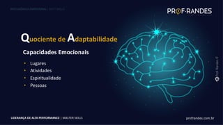 profrandes.com.br
LIDERANÇA DE ALTA PERFORMANCE | MASTER SKILLS
Quociente de Adaptabilidade
• Lugares
• Atividades
• Espiritualidade
• Pessoas
Capacidades Emocionais
profrandes.com.br
LIDERANÇA DE ALTA PERFORMANCE | MASTER SKILLS
INTELIGÊNCIA EMOCIONAL| SOFT SKILLS
 