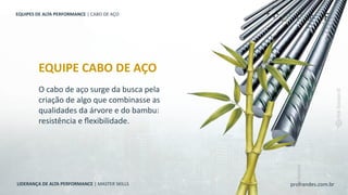 profrandes.com.br
LIDERANÇA DE ALTA PERFORMANCE | MASTER SKILLS
O cabo de aço surge da busca pela
criação de algo que combinasse as
qualidades da árvore e do bambu:
resistência e ﬂexibilidade.
EQUIPE CABO DE AÇO
EQUIPES DE ALTA PERFORMANCE | CABO DE AÇO
 
