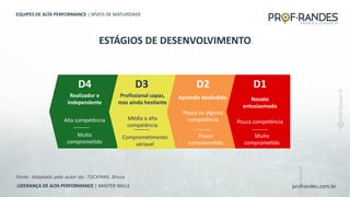profrandes.com.br
LIDERANÇA DE ALTA PERFORMANCE | MASTER SKILLS
D4
Realizador e
Independente
Alta competência
Muito
comprometido
D3
Profissional capaz,
mas ainda hesitante
Média a alta
competência
Comprometimento
váriavel
D2
Aprendiz desiludido
Pouca ou alguma
competência
Pouco
comprome_do
D1
Novato
entusiasmado
Pouca competência
Muito
comprome_do
Fonte: Adaptado pelo autor de: TUCKMAN, Bruce
ESTÁGIOS DE DESENVOLVIMENTO
EQUIPES DE ALTA PERFORMANCE | NÍVEIS DE MATURIDADE
 