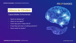 profrandes.com.br
LIDERANÇA DE ALTA PERFORMANCE | MASTER SKILLS
Ciência do Cérebro
Capacidades Emocionais
• Quem eu desejo ser?
• Quem eu sou agora?
• Como faço para ir daqui até lá?
• O que faço para que a mudança perdure?
• Quem pode me ajudar?
GESTÃO DA MUDANÇA | MAPEAMENTO MASTER SKILLS
profrandes.com.br
LIDERANÇA DE ALTA PERFORMANCE | MASTER SKILLS
 