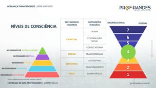 profrandes.com.br
LIDERANÇA DE ALTA PERFORMANCE | MASTER SKILLS
NECESSIDADES
HUMANAS
MOTIVAÇÕES
HUMANAS
ESPIRITUAL
SERVIR
CONTRIBUIÇÃO
SOCIAL
COESÃO INTERNA
MENTAL TRANSFORMAÇÃO
EMOCIONAL
AUTOESTIMA
RELACIONAMENTO
FÍSICO SOBREVIVÊNCIA
NÍVEIS DE CONSCIÊNCIA
LIDERANÇA TRANSCENDENTE | LÍDER VIRTUOSO
Fonte: Adaptado pelo autor de: Maslow e Barret.
NECESSIDADES DE AUTORREALIZAÇÃO
NECESSIDADES DE ESTIMA
NECESSIDADES SOCIAIS
NECESSIDADES DE SEGURANÇA
NECESSIDADES FISIOLÓGICAS
ORGANIZACIONAL PESSOAL
7
6
5
4
3
2
1
 
