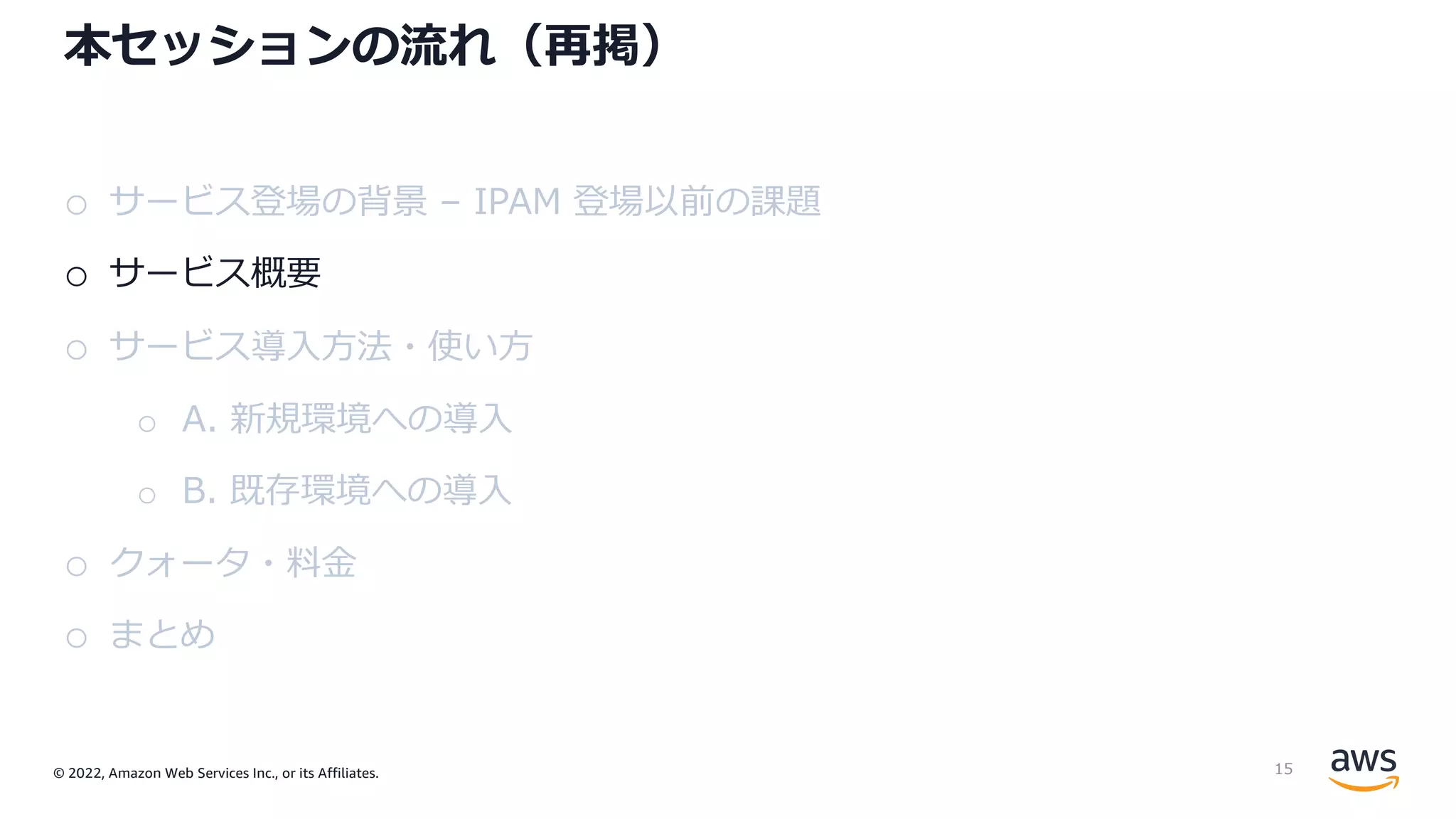 © 2022, Amazon Web Services Inc., or its Affiliates.
本セッションの流れ（再掲）
o サービス登場の背景 – IPAM 登場以前の課題
o サービス概要
o サービス導⼊⽅法・使い⽅
o A. 新規環境への導⼊
o B. 既存環境への導⼊
o クォータ・料⾦
o まとめ
15
 