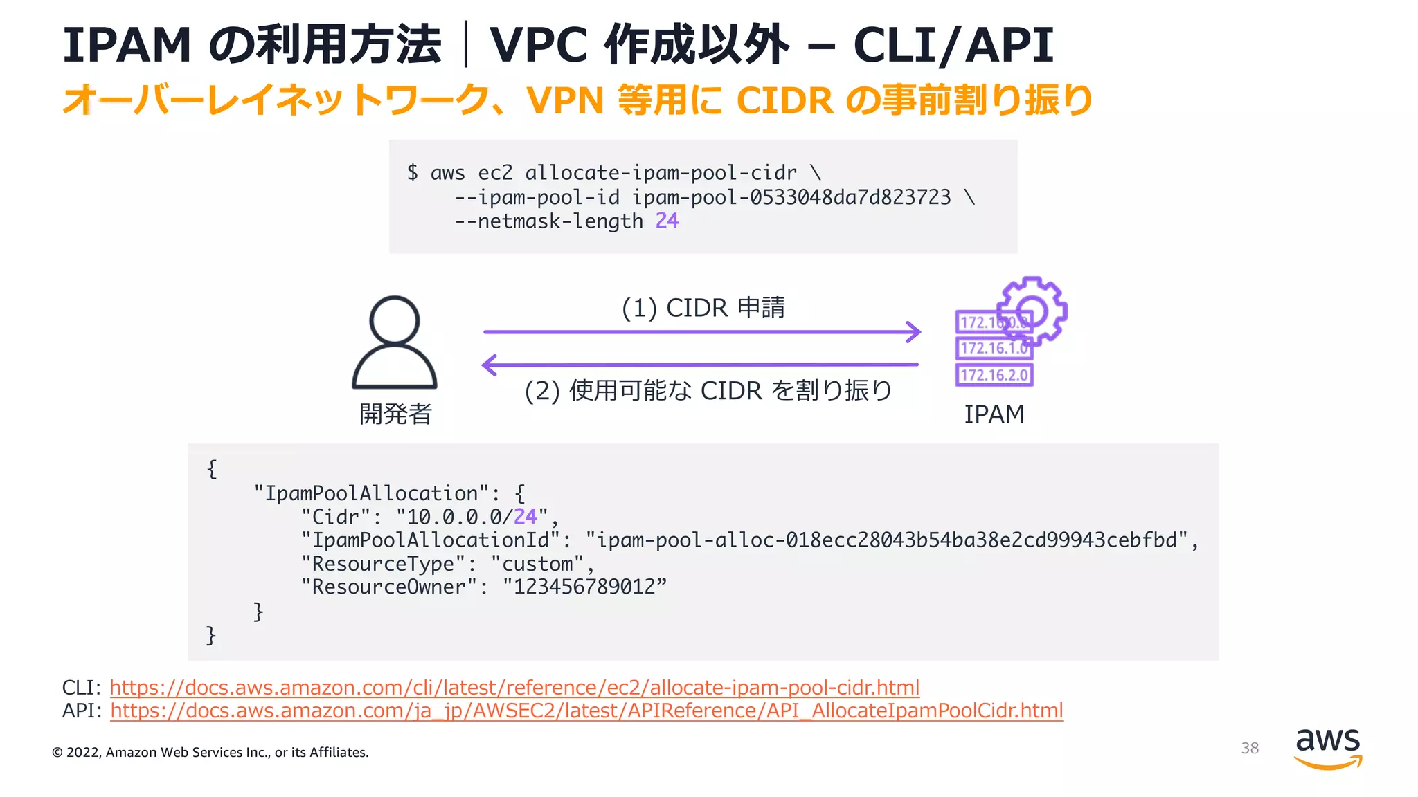 © 2022, Amazon Web Services Inc., or its Affiliates.
IPAM の利⽤⽅法｜VPC 作成以外 – CLI/API
オーバーレイネットワーク、VPN 等⽤に CIDR の事前割り振り
CLI: https://docs.aws.amazon.com/cli/latest/reference/ec2/allocate-ipam-pool-cidr.html
API: https://docs.aws.amazon.com/ja_jp/AWSEC2/latest/APIReference/API_AllocateIpamPoolCidr.html
開発者 IPAM
(1) CIDR 申請
{
"IpamPoolAllocation": {
"Cidr": "10.0.0.0/24",
"IpamPoolAllocationId": "ipam-pool-alloc-018ecc28043b54ba38e2cd99943cebfbd",
"ResourceType": "custom",
"ResourceOwner": "123456789012”
}
}
$ aws ec2 allocate-ipam-pool-cidr 
--ipam-pool-id ipam-pool-0533048da7d823723 
--netmask-length 24
(2) 使⽤可能な CIDR を割り振り
38
 