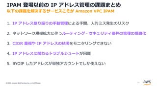 © 2022, Amazon Web Services Inc., or its Affiliates.
IPAM 登場以前の IP アドレス管理の課題まとめ
1. IP アドレス割り振りの⼿動管理による⼿間、⼈的ミス発⽣のリスク
2. ネットワーク規模拡⼤に伴うルーティング・セキュリティ要件の管理の煩雑化
3. CIDR 重複や IP アドレスの枯渇をモニタリングできない
4. IP アドレスに関わるトラブルシュートが困難
5. BYOIP したアドレスが単独アカウントでしか使えない
以下の課題を解決するサービスこそが Amazon VPC IPAM
14
 