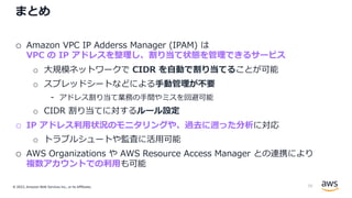 © 2022, Amazon Web Services Inc., or its Affiliates.
まとめ
o Amazon VPC IP Adderss Manager (IPAM) は
VPC の IP アドレスを整理し、割り当て状態を管理できるサービス
o ⼤規模ネットワークで CIDR を⾃動で割り当てることが可能
o スプレッドシートなどによる⼿動管理が不要
- アドレス割り当て業務の⼿間やミスを回避可能
o CIDR 割り当てに対するルール設定
o IP アドレス利⽤状況のモニタリングや、過去に遡った分析に対応
o トラブルシュートや監査に活⽤可能
o AWS Organizations や AWS Resource Access Manager との連携により
複数アカウントでの利⽤も可能
55
 