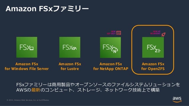 © 2022, Amazon Web Services, Inc. or its Affiliates.
Amazon FSx
for Lustre
Amazon FSx
for Windows File Server
Amazon FSxファミリー
FSxファミリーは商用製品やオープンソースのファイルシステムリューションを
AWSの最新のコンピュート、ストレージ、ネットワーク技術上で構築
Amazon FSx
for NetApp ONTAP
Amazon FSx
for OpenZFS
 