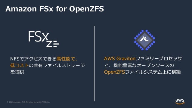 © 2022, Amazon Web Services, Inc. or its Affiliates.
Amazon FSx for OpenZFS
NFSでアクセスできる高性能で、
低コストの共有ファイルストレージ
を提供
AWS Gravitonファミリープロセッサ
と、機能豊富なオープンソースの
OpenZFSファイルシステム上に構築
 
