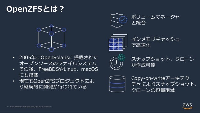 © 2022, Amazon Web Services, Inc. or its Affiliates.
OpenZFSとは？
• 2005年にOpenSolarisに搭載された
オープンソースのファイルシステム
• その後、FreeBDSやLinux、macOS
にも搭載
• 現在もOpenZFSプロジェクトによ
り継続的に開発が行われている
インメモリキャッシュ
で高速化
Copy-on-writeアーキテク
チャによりスナップショット、
クローンの容量削減
ボリュームマネージャ
と統合
スナップショット、クローン
が作成可能
 