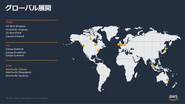© 2022, Amazon Web Services, Inc. or its Affiliates.
AMER
US West (Oregon)
US East (N. Virginia)
US East (Ohio)
Canada (Central)
EU
Europe (Ireland)
Europe (Frankfurt)
Europe (London)
APAC
Asia Pacific (Tokyo)
Asia Pacific (Singapore)
Asia Pacific (Sydney)
グローバル展開
 