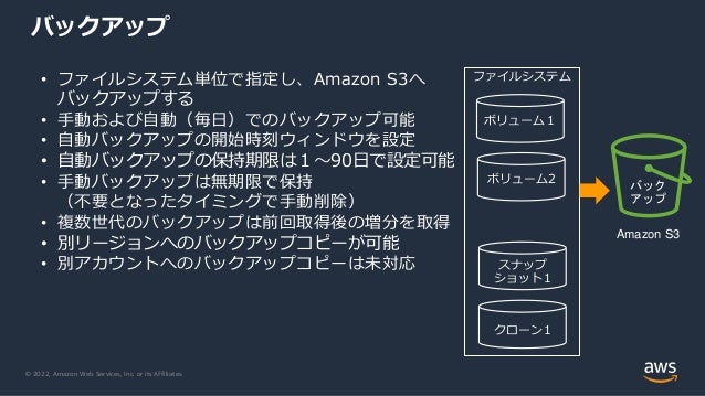 © 2022, Amazon Web Services, Inc. or its Affiliates.
バックアップ
• ファイルシステム単位で指定し、Amazon S3へ
バックアップする
• 手動および自動（毎日）でのバックアップ可能
• 自動バックアップの開始時刻ウィンドウを設定
• 自動バックアップの保持期限は１～90日で設定可能
• 手動バックアップは無期限で保持
（不要となったタイミングで手動削除）
• 複数世代のバックアップは前回取得後の増分を取得
• 別リージョンへのバックアップコピーが可能
• 別アカウントへのバックアップコピーは未対応
ファイルシステム
ボリューム１
ボリューム2
スナップ
ショット1
Amazon S3
バック
アップ
クローン1
 