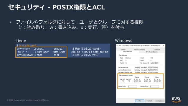 © 2022, Amazon Web Services, Inc. or its Affiliates.
$ ls -l /zfs_mnt
drwxr-xr-x 2 user1 group1 3 Feb 5 05:20 testdir
-rw-r--r-- 1 ssm-user ssm-user 28 Feb 5 05:14 date_file.txt
drwxrwxrwx 2 root root 2 Feb 5 04:27 vol1
Linux Windows
• ファイルやフォルダに対して、ユーザとグループに対する権限
（r：読み取り、w：書き込み、x：実行、等）を付与
セキュリティ - POSIX権限とACL
 