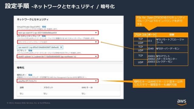 © 2022, Amazon Web Services, Inc. or its Affiliates.
設定手順 -ネットワークとセキュリティ / 暗号化
プロトコル ポート 役割
TCP
111
NFSリモートプロシージャ
コール
UDP
TCP
2049 NFSサーバーデーモン
UDP
TCP 20001
20002
20003
NFSマウント
ステータスモニター
ロックデーモン
UDP
FSx for OpenZFSのENIのセキュリティ
グループへ以下のインバウンドを許可
する
暗号化キーはAMSマネージド型キー以外
にカスタマー管理型キーも選択可能
 