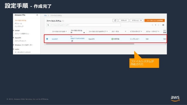 © 2022, Amazon Web Services, Inc. or its Affiliates.
設定手順 - 作成完了
ファイルシステムが
作成された
 