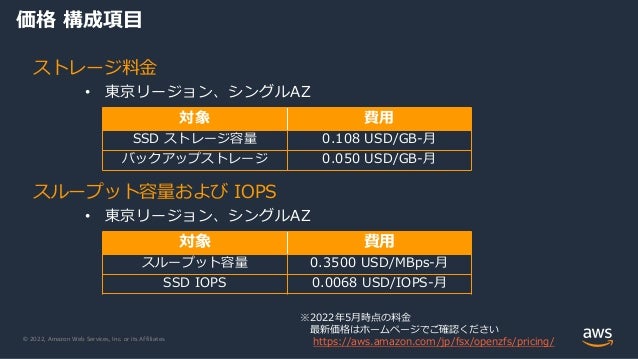 © 2022, Amazon Web Services, Inc. or its Affiliates.
価格 構成項目
ストレージ料金
• 東京リージョン、シングルAZ
スループット容量および IOPS
• 東京リージョン、シングルAZ
※2022年5月時点の料金
最新価格はホームページでご確認ください
https://aws.amazon.com/jp/fsx/openzfs/pricing/
対象 費用
SSD ストレージ容量 0.108 USD/GB-月
バックアップストレージ 0.050 USD/GB-月
対象 費用
スループット容量 0.3500 USD/MBps-月
SSD IOPS 0.0068 USD/IOPS-月
 