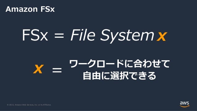 © 2022, Amazon Web Services, Inc. or its Affiliates.
Amazon FSx
FSx = File System x
x ワークロードに合わせて
自由に選択できる
=
 