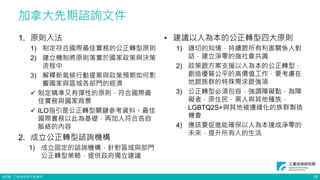 ©ITRI. 工業技術研究院著作
1. 原則入法
1) 制定符合國際最佳實務的公正轉型原則
2) 建立機制將原則落實於國家政策與決策
流程中
3) 解釋新氣候行動提案與政策預期如何影
響國家與區域各部門的經濟
 制定精準又有彈性的原則，符合國際最
佳實務與國家背景
 ILO指引是公正轉型關鍵參考資料。最佳
國際實務以此為基礎，再加入符合各自
脈絡的內容
2. 成立公正轉型諮詢機構
1) 成立固定的諮詢機構，針對區域與部門
公正轉型策略，提供政府獨立建議
加拿大先期諮詢文件
18
• 建議以人為本的公正轉型四大原則
1) 適切的知情，持續跟所有利害關係人對
話，建立淨零的強社會共識
2) 政策跟方案支援以人為本的公正轉型，
創造優質公平的高價值工作，要考慮在
地跟族群的特殊需求跟強項
3) 公正轉型必須包容，強調障礙點，為障
礙者，原住民，黑人與其他種族，
LGBTQ2S+與其他被邊緣化的族群製造
機會
4) 應該要促進能確保以人為本達成淨零的
未來，提升所有人的生活
 