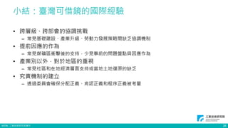 ©ITRI. 工業技術研究院著作
小結：臺灣可借鏡的國際經驗
• 跨層級、跨部會的協調挑戰
– 常見基礎建設、產業升級、勞動力發展策略間缺乏協調機制
• 提前因應的作為
– 常見煤礦區衝擊後的支持，少見事前的問題盤點與因應作為
• 產業別以外，對於地區的重視
– 常見社區和在地經濟層面支持或當地土地復原的缺乏
• 究責機制的建立
– 透過委員會確保分配正義、肯認正義和程序正義被考量
26
 
