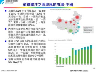© ITRI. 工業技術研究院著作
22
值得關注之區域風能市場-中國
 為實現2020 年 9 月提出之“30-60”
（2030 年達到排放峰值，2060 年
實現碳中和）目標，中國政府制定
加快發展再生能源規劃，於“十四
五”末期（2021-2025年），再生
能源佔總發電量超過50%
 內陸與沙漠地區整合陸域風力與太
陽能，沿海省分主要發展離岸風電，
雲貴高原與西藏邊境發展水力、風
力與太陽能整合
 中國 NDC 承諾 2030 年非化石燃料
發電佔比達到 25%，並將太陽能和
風能裝置容量目標提高到 1,200
GW以上。中國主要國有電力公司
隨之訂定“十四五”期間新增太陽
能和風能總裝置容量600 GW目標
 預期中國風能市場將可維持每年
50+ GW成長
資料來源: GWEC (2022)
 