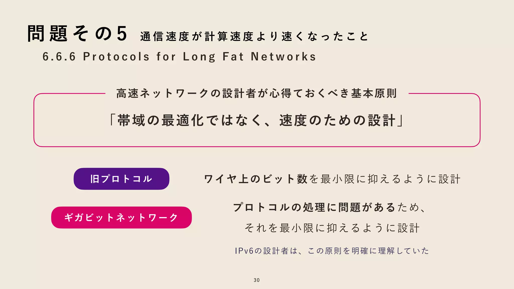 30
6 . 6 . 6 P r o t o c o l s f o r L o n g F a t N e t w o r k s
問 題 そ の 5 通 信 速 度 が 計 算 速 度 よ り 速 く な っ た こ と
「帯域の最適化ではなく、速度のための設計」
旧プロトコル ワイヤ上のビット数を最小限に抑えるように設計
プロトコルの処理に問題があるため、
それを最小限に抑えるように設計
ギガビットネットワーク
IPv6の設計者は、この原則を明確に理解していた
高速ネットワークの設計者が心得ておくべき基本原則
 